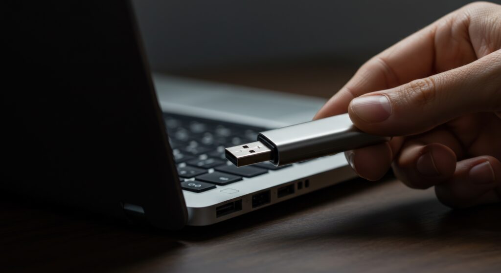 Hand with USB drive by a laptop.